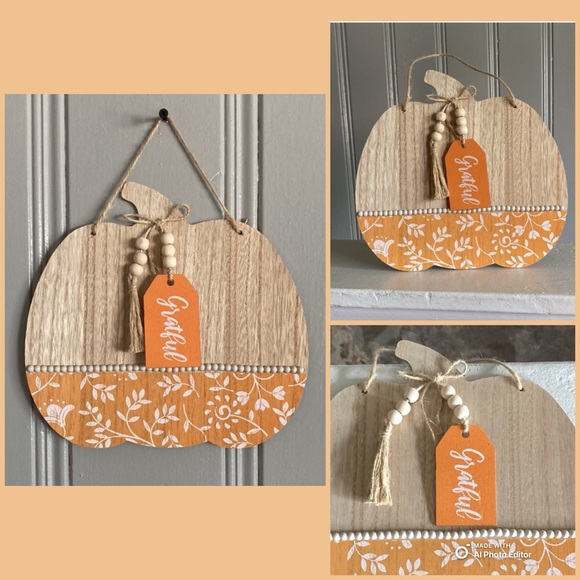 🆕Wooden Pumpkin Sign w/GRATEFUL Tag w/ Orange & White Painted Floral Design - Picture 3 of 11